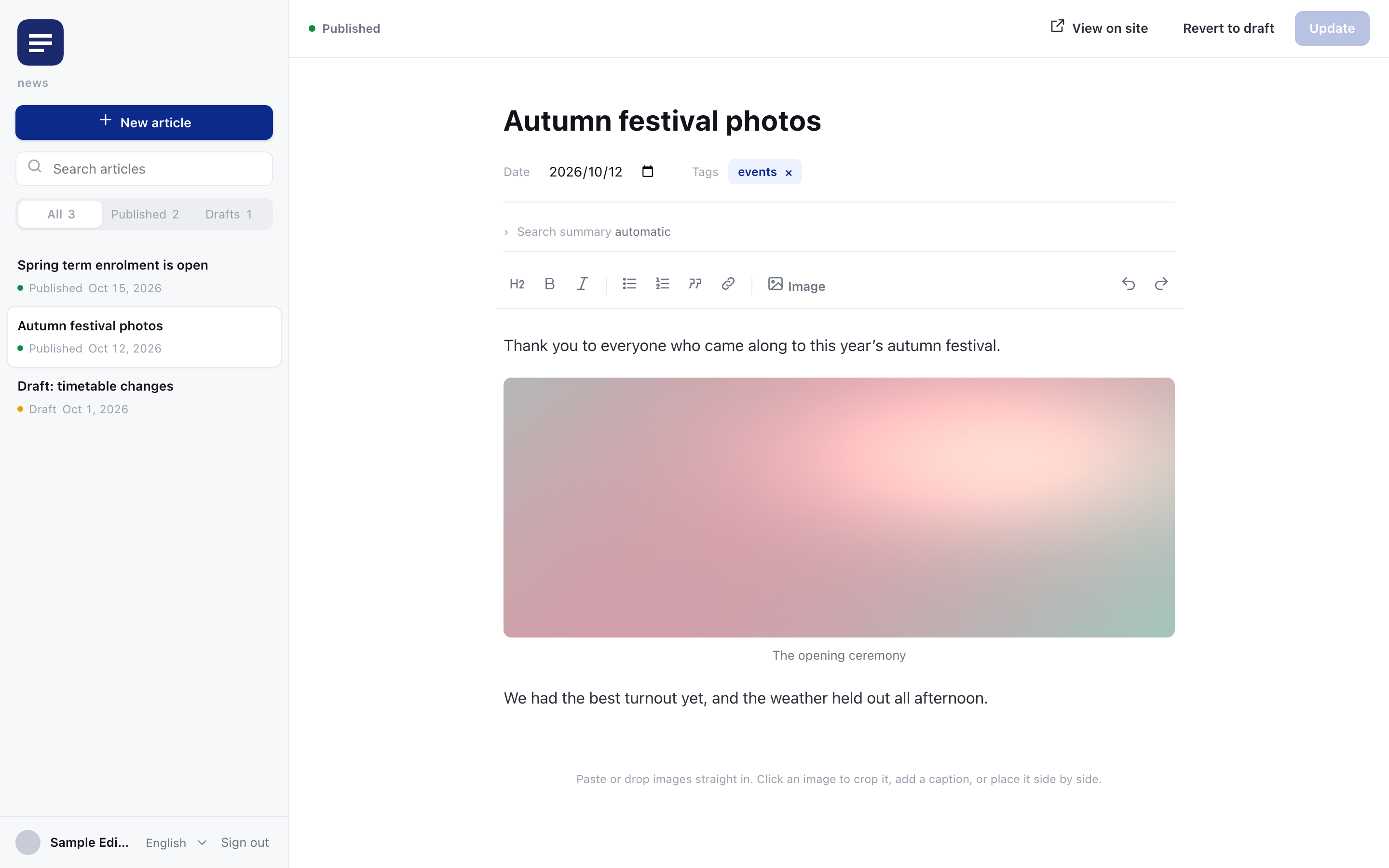 The Simple Git CMS editor, showing an article with a captioned image